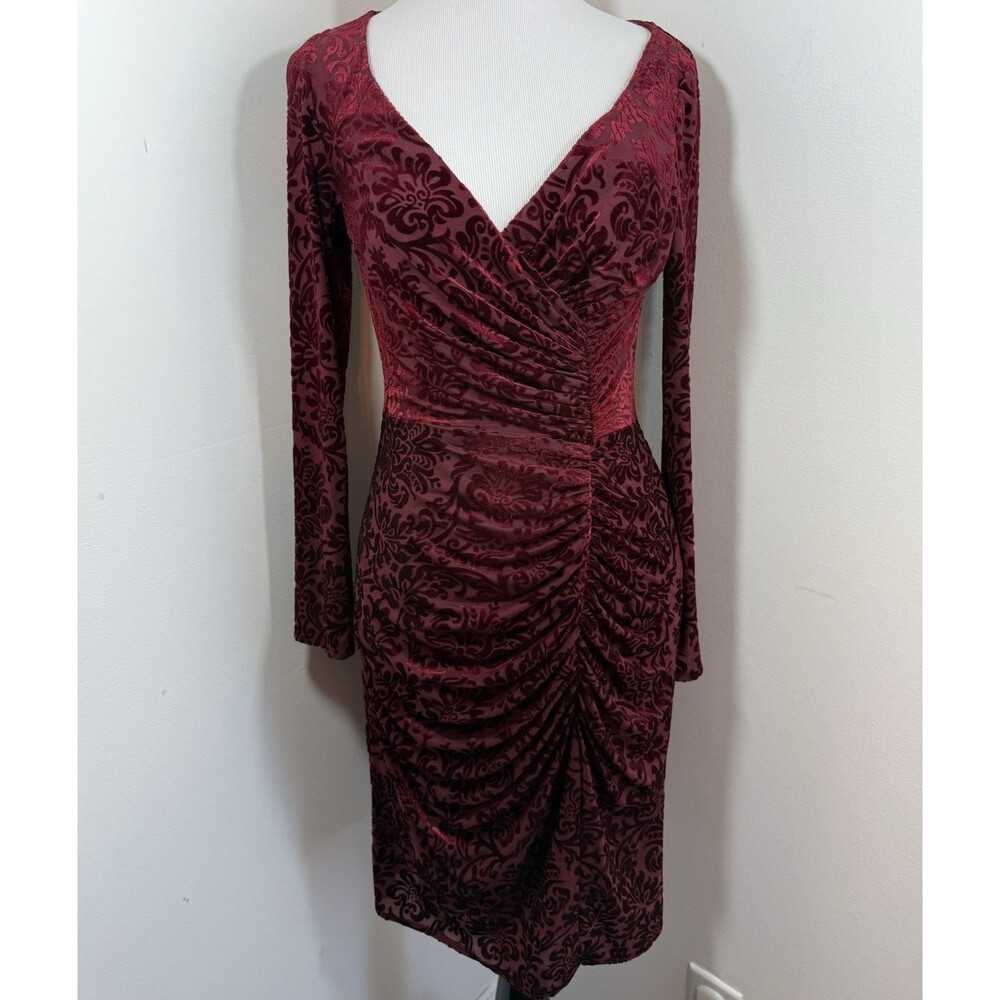 Davids Bridal Dress Burgandy Wine Red 2 Victorian Velvet Print Ruched Party Date - Picture 4 of 16
